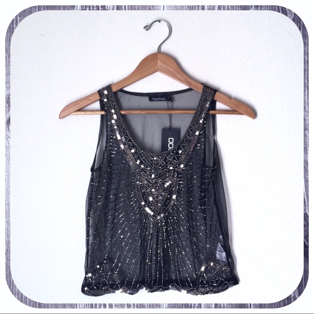 Boohoo Embellished Woven Top, Black