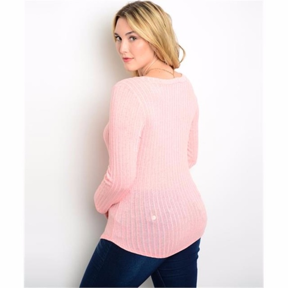 (Plus) Curvy Ribbed Light Pink Knit Top - Picture 2 of 2