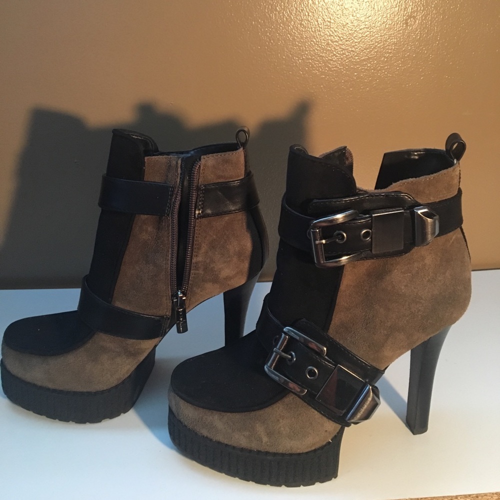 BCBGeneration black/brown suede platform heels.