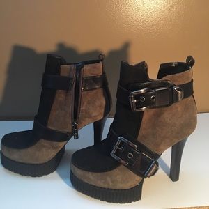 BCBGeneration black/brown suede platform heels.