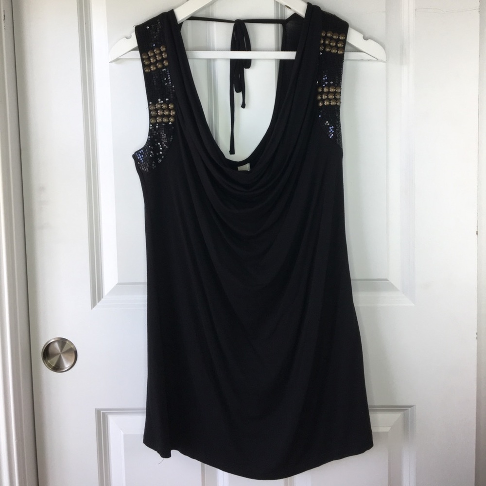 Kische Black Sequin Shoulder Tie-Back Top | size XL