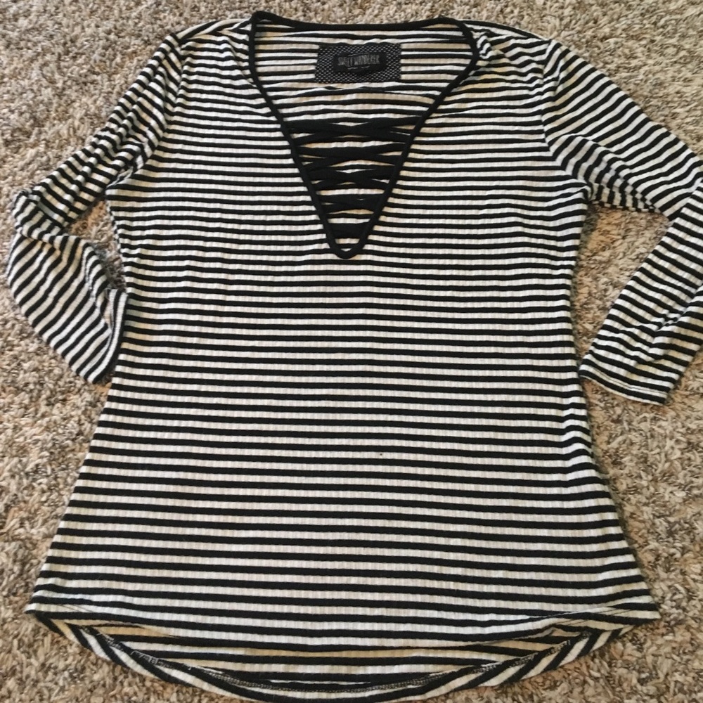 Striped deep v-neck criss cross top