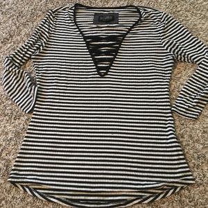 Striped deep v-neck criss cross top