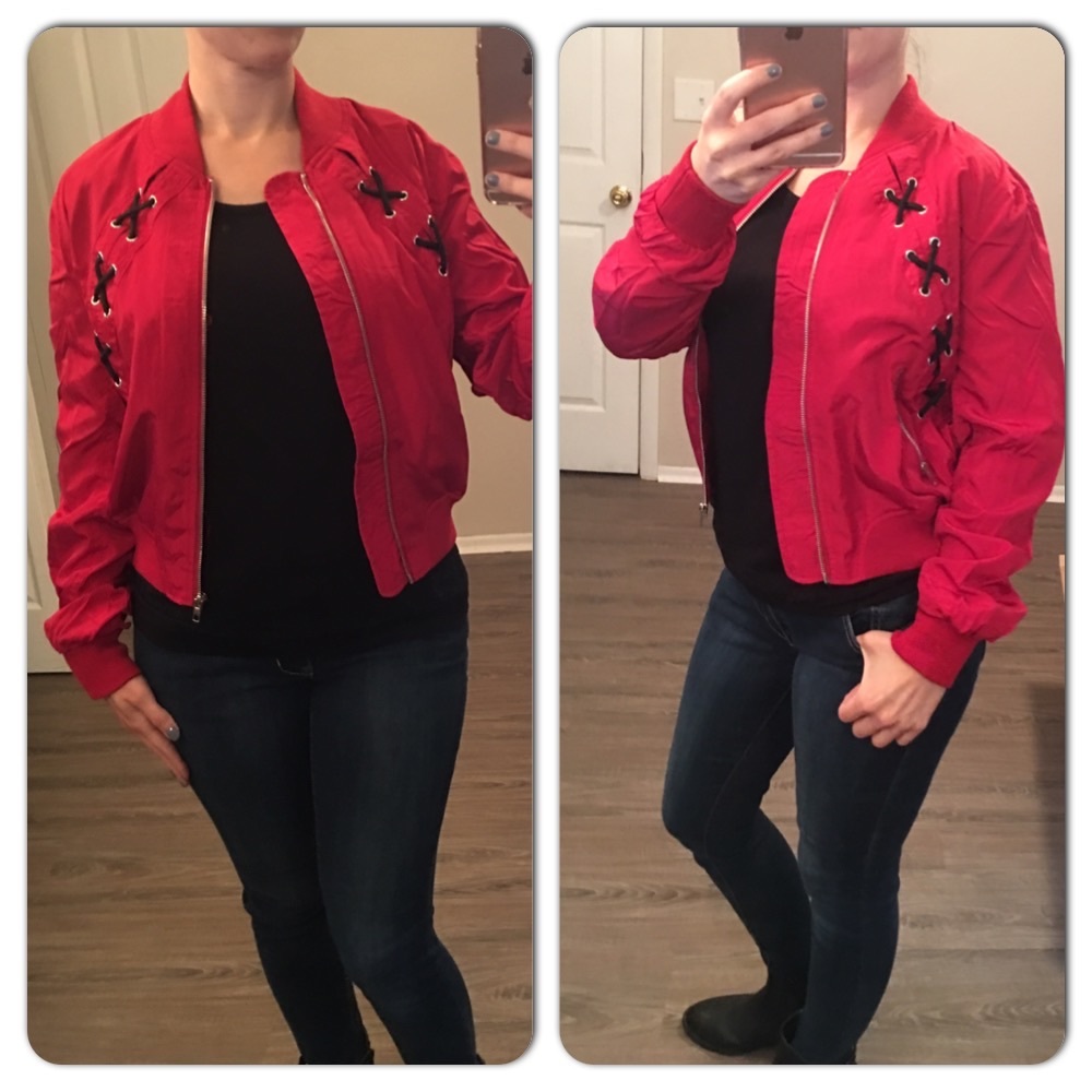 Red Lace Up Detail Bomber Jacket Zipper Pockets