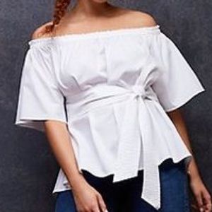 Off the shoulder, belted white shirt