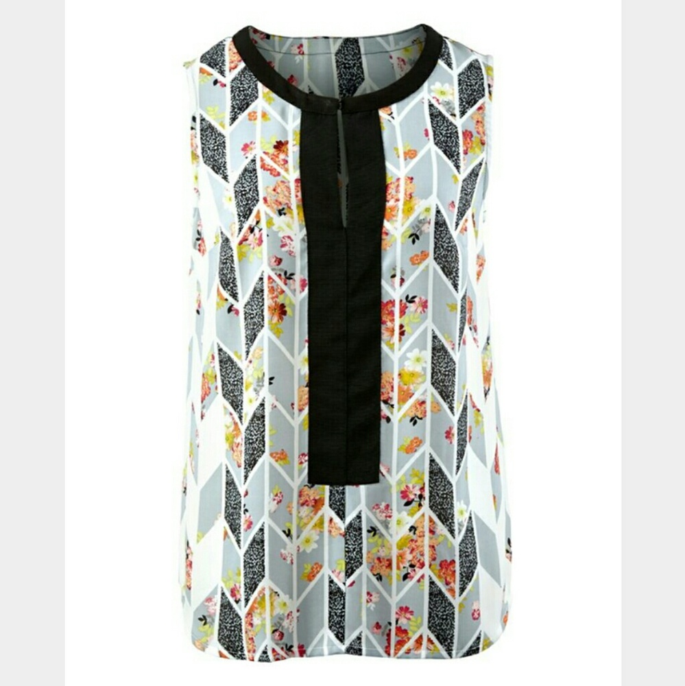 CAbi Grosgrain Sleeveless Floral Geometric Blouse