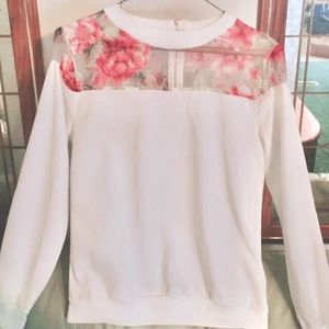 white rose print sweater with gold zipper