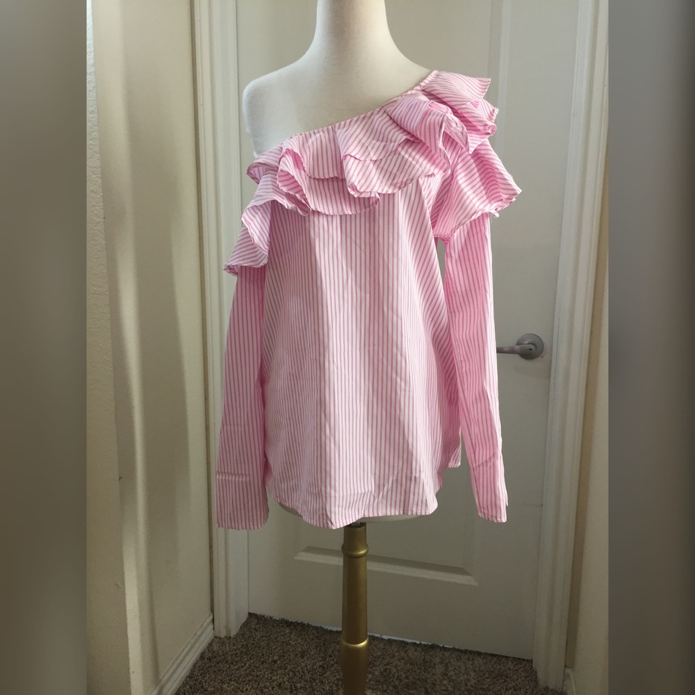 Ruffle off the shoulder pink and white stripe sz L