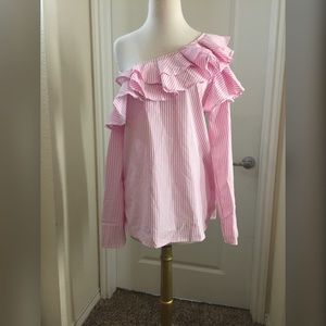 Ruffle off the shoulder pink and white stripe sz L