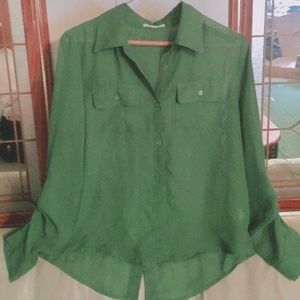casual green button down blouse with pockets