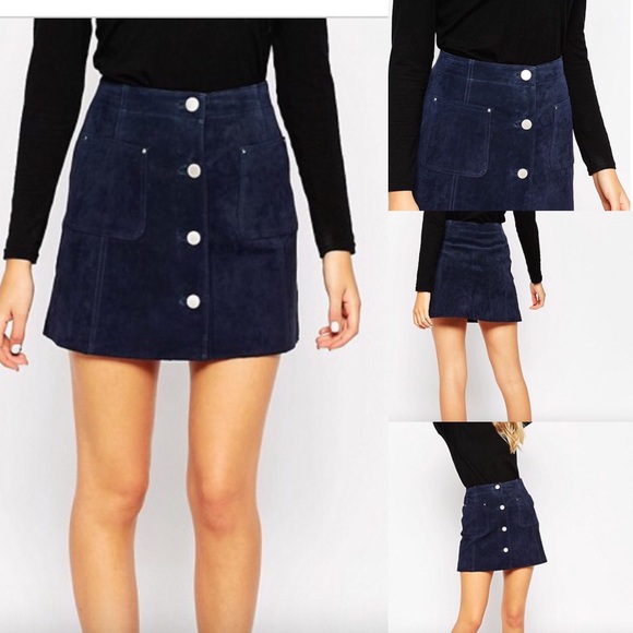 Asos Dresses & Skirts - Asos Navy Leather/Suede Mini Skirt Buttons Size 10
