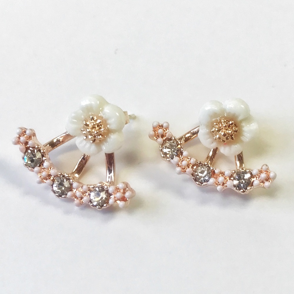 Flower crystal jacket earrings stud gold rose