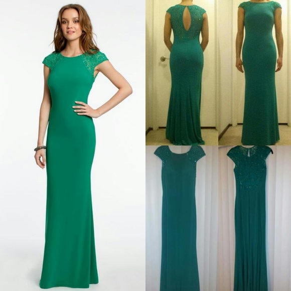 Camille La Vie Dresses & Skirts - Green jersey lace keyhole/cap sleeves evening gown