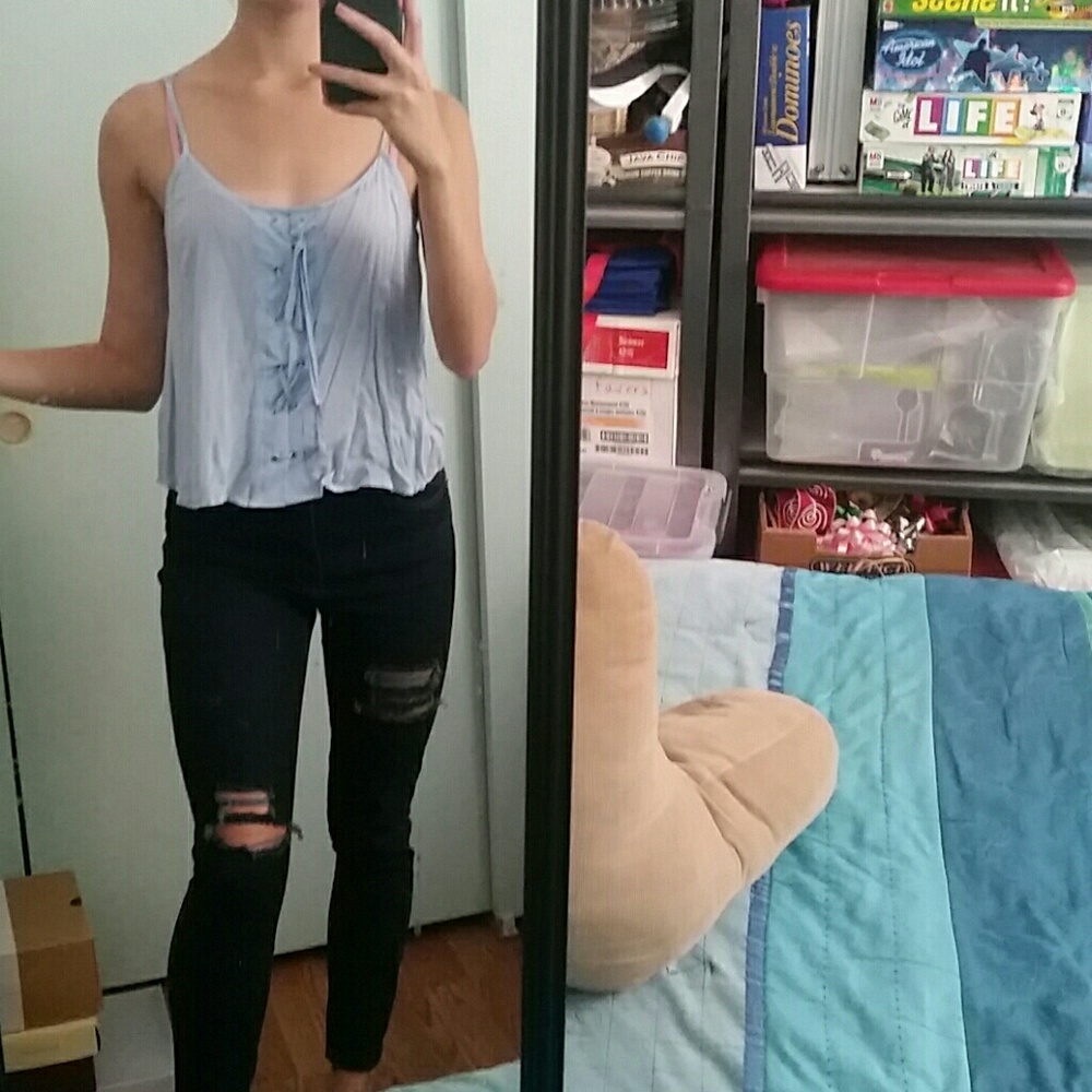 Lace up sky blue tank top