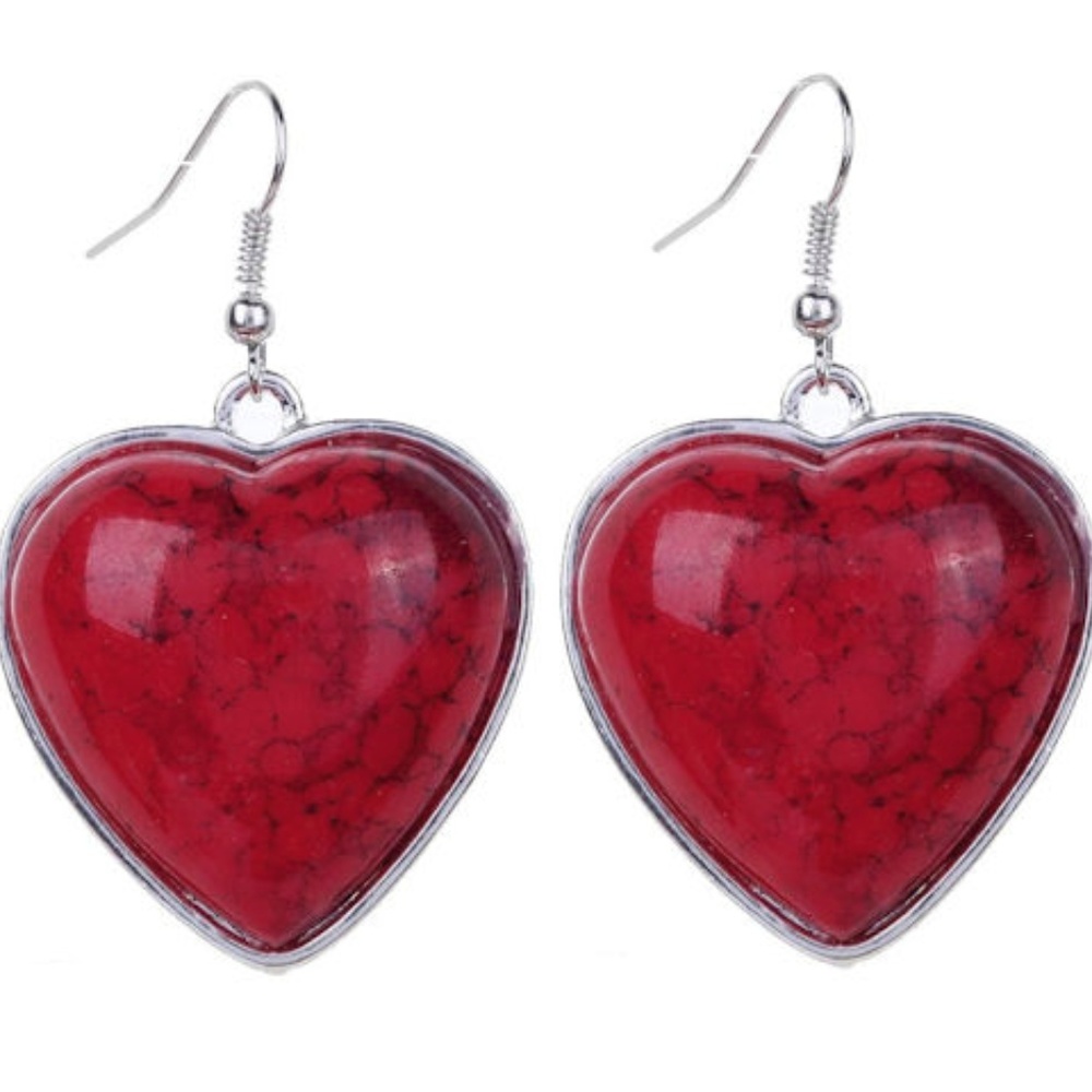 Large Red Cinnabar Heart Earrings