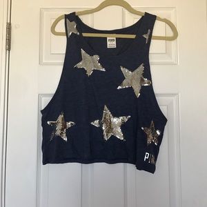 Navy Blue PINK sequin star shirt
