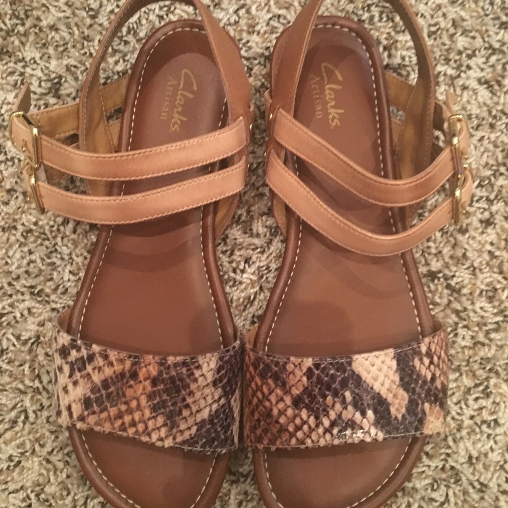 Clarks Artisan Sandals with patent animal print