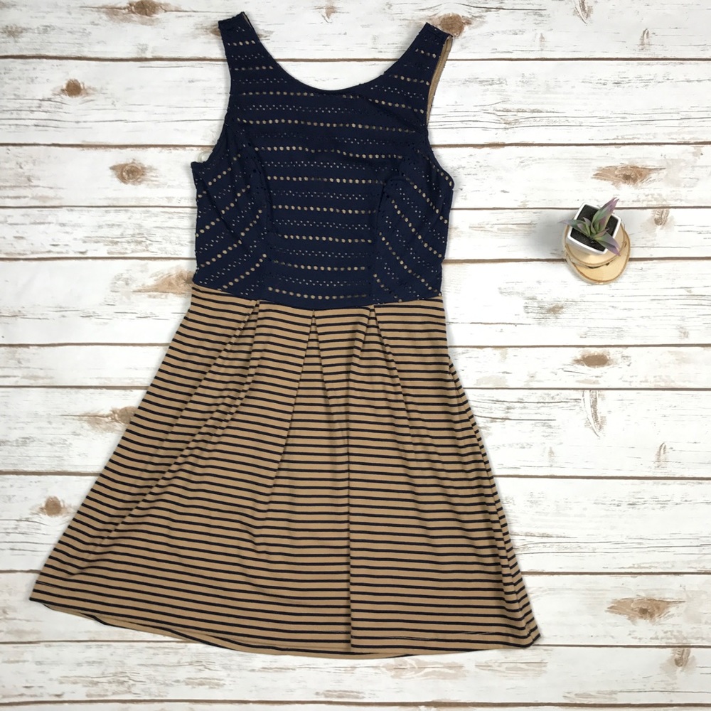 Navy Tan Brown Eyelet Striped Babydoll Sundress