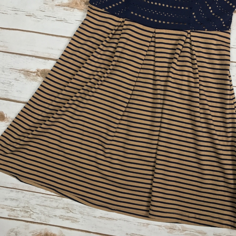 Navy Tan Brown Eyelet Striped Babydoll Sundress - Picture 2 of 6