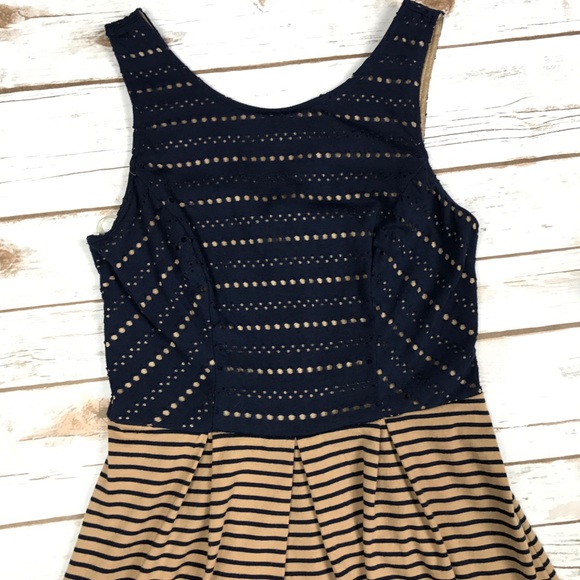 Navy Tan Brown Eyelet Striped Babydoll Sundress - Picture 3 of 6