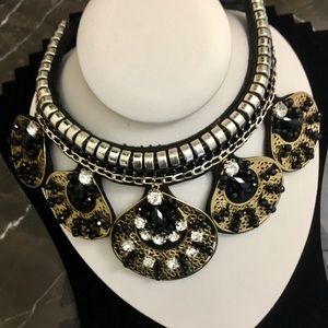 Rustic gold accent necklace black beads and stones