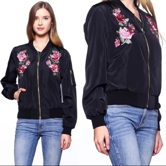 Jackets & Blazers - Say What? Floral Embroidered Satin Bomber Jacket Jackets & Blazers - Say What? Floral Embroidered Satin Bomber Jacket