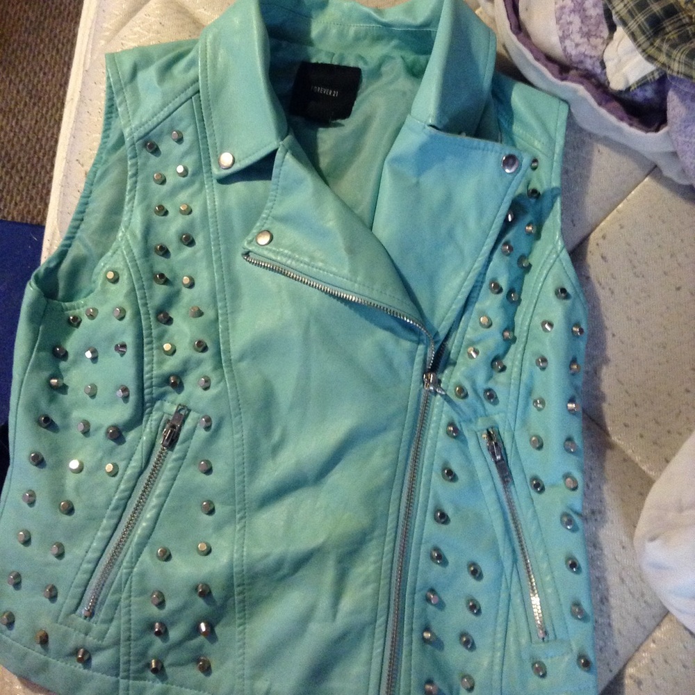 Teal leather jacket metal studs