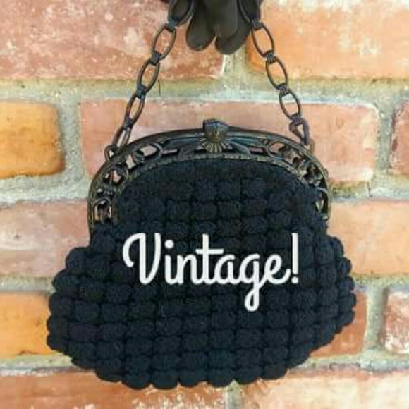 Vintage Handbags - Vintage Knitted Purse Bag With Black Celluloid Handle