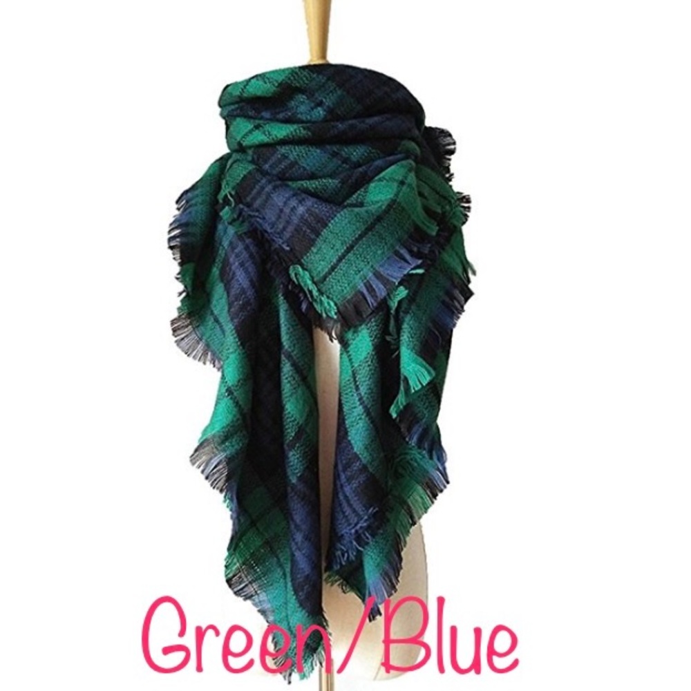 Soft Tartan Plaid Blanket Scarf-White & Green/Blue - Picture 2 of 5