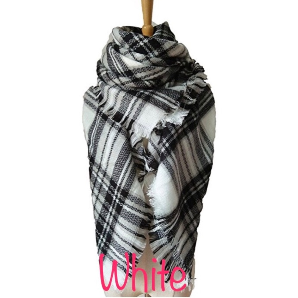 Soft Tartan Plaid Blanket Scarf-White & Green/Blue - Picture 3 of 5