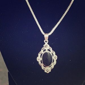 Vintage black onyx marcasite silver pendant