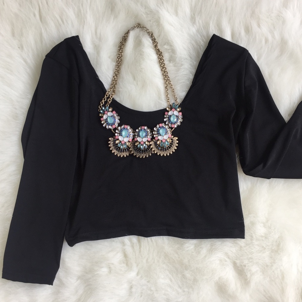 Black Long Sleeve Crop Top with Crisscross Back