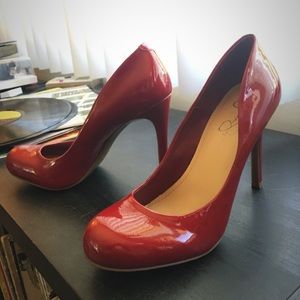 Cherry red patent leather pumps