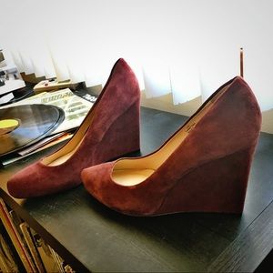 Wine suede wedges