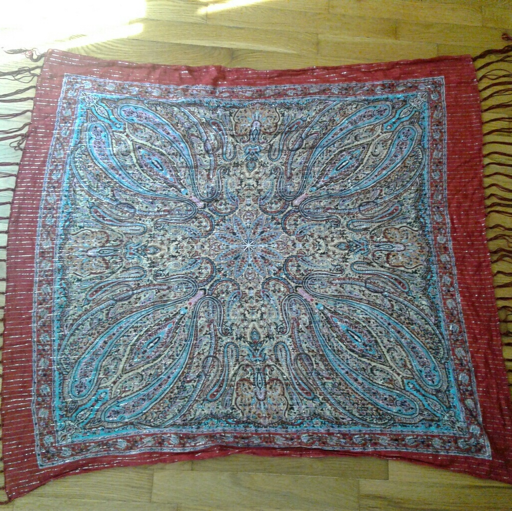 Red paisley floral patterned tassel square scarf