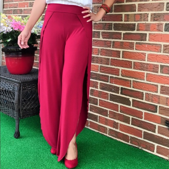 Slit Flowy Layered Wide Leg Palazzo Wrap Pants - Picture 3 of 4