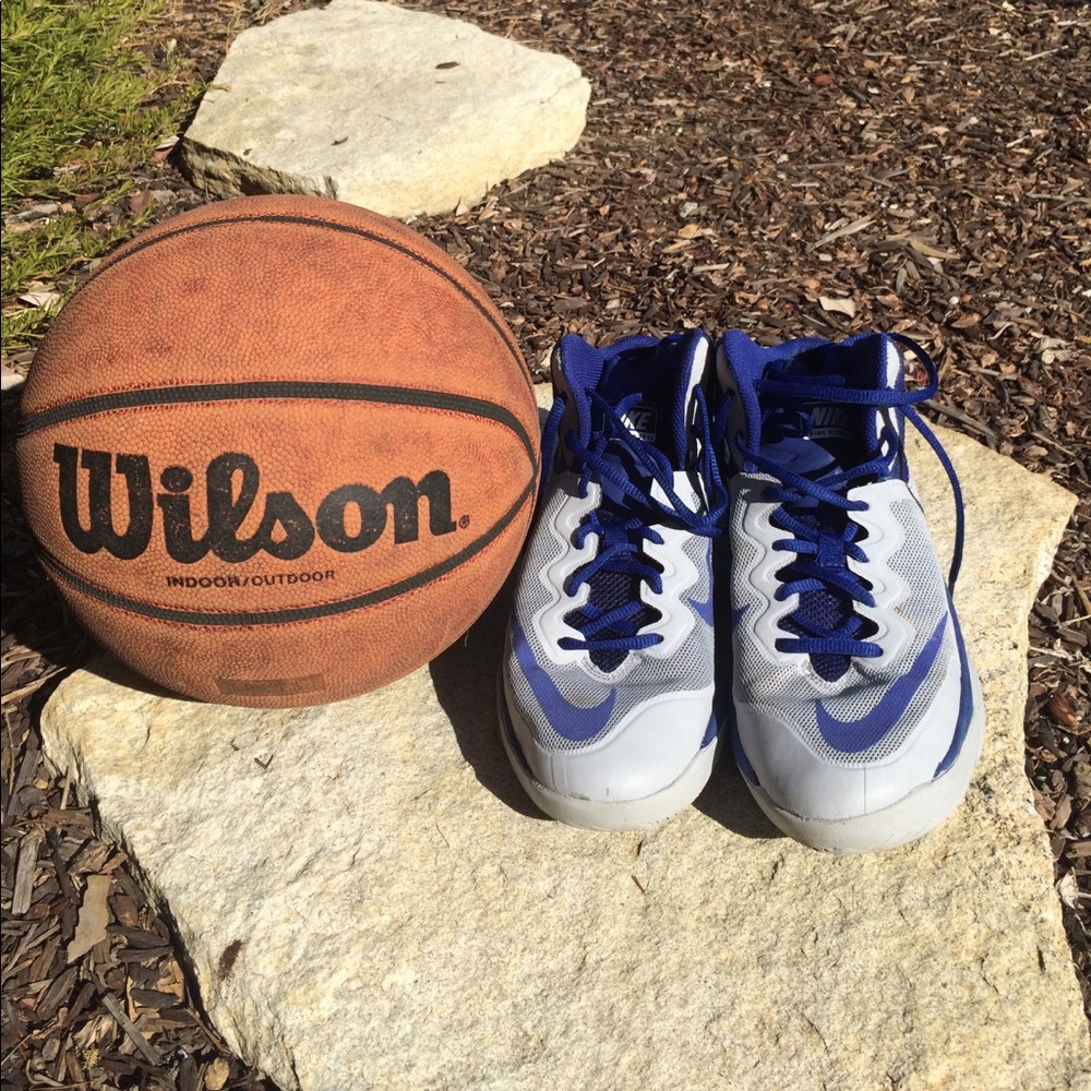 Blue and Gray Nike basketball shoes