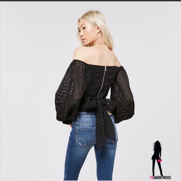 Black Long Sleeve Off Shoulder Fitted Shirt - Picture 2 of 2