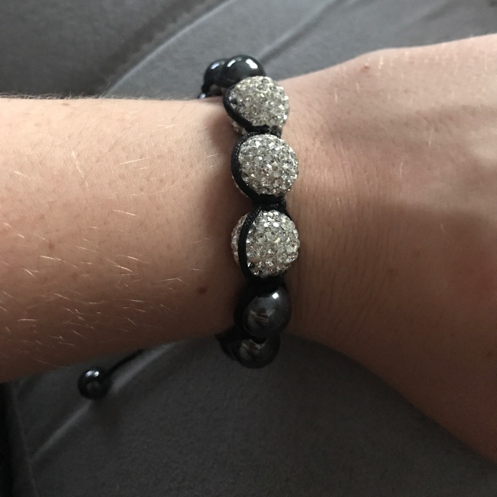 Hematite and CZ sphere pull tie bracelet