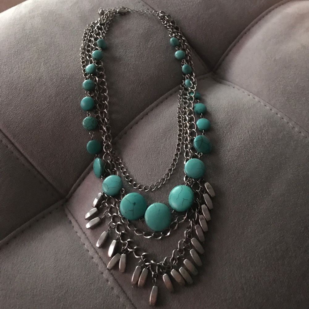 Faux turquoise silver layering necklace