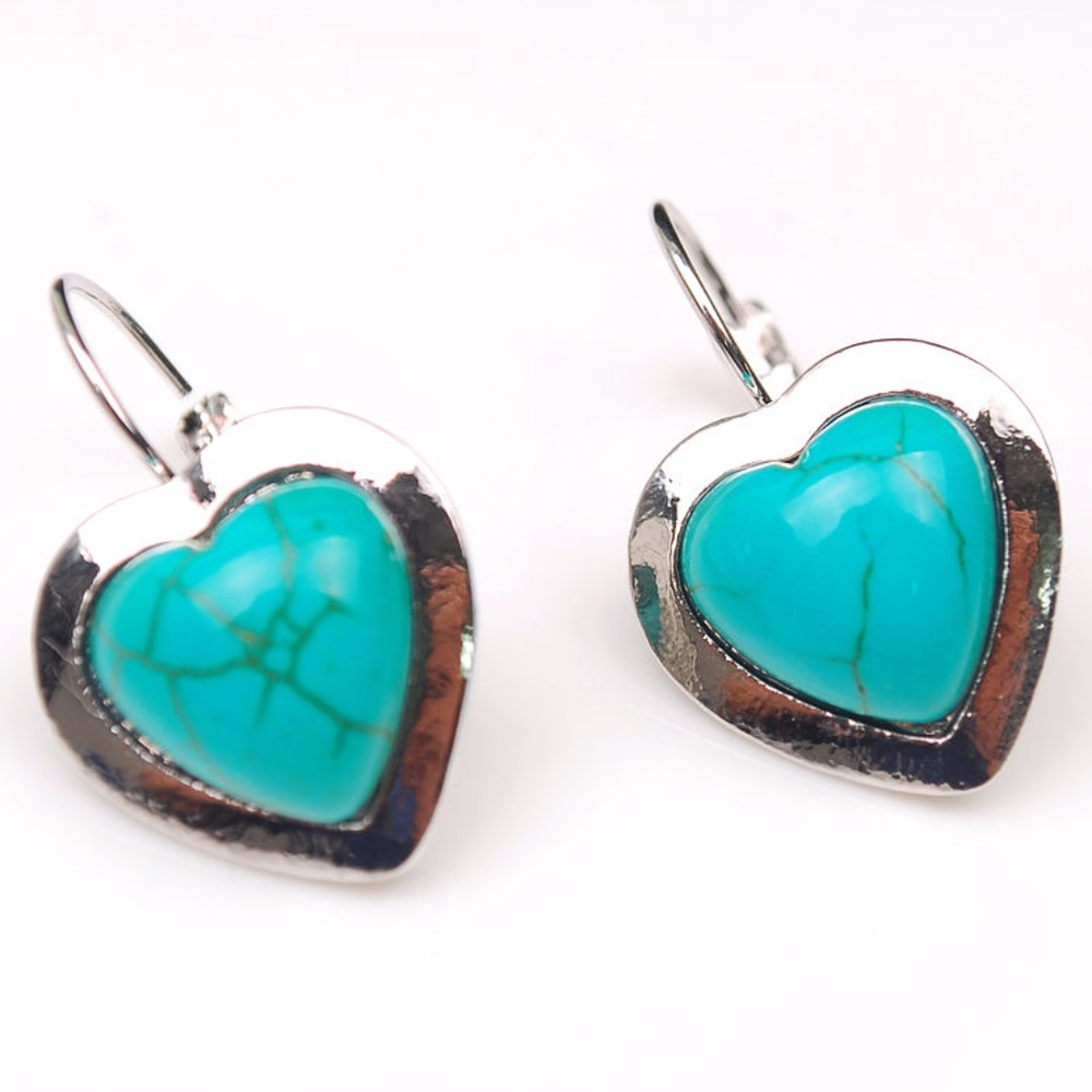 Leverback Framed Silver Turquoise Heart Earrings
