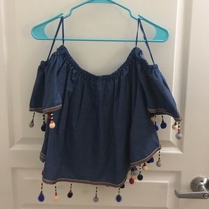 Denim Pom Pom Off Shoulder Crop Top