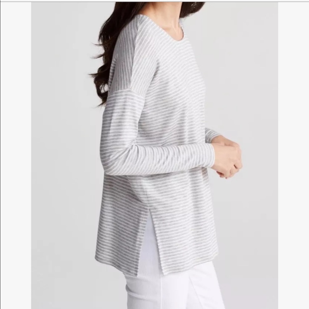 {Eileen Fisher} Gray Striped Soft Tencel Knit Top