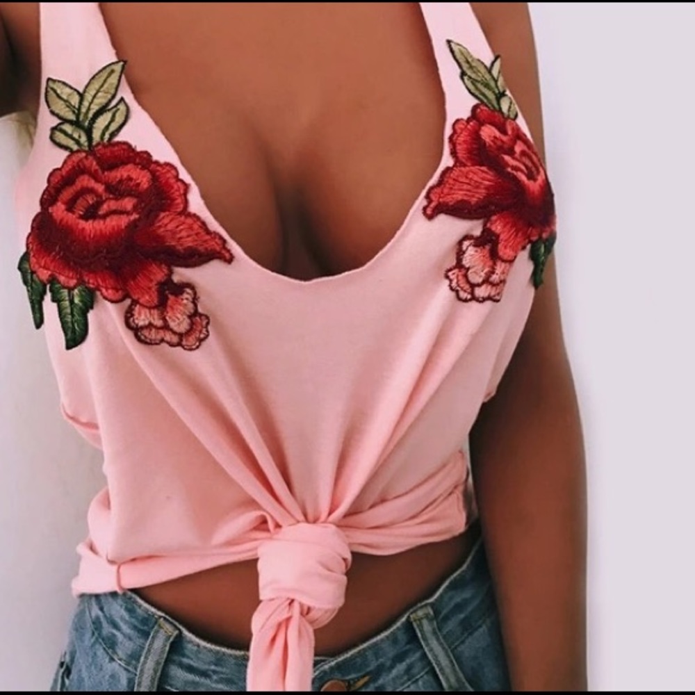 Rose Embroidered Baby Pale Pink Tank Top