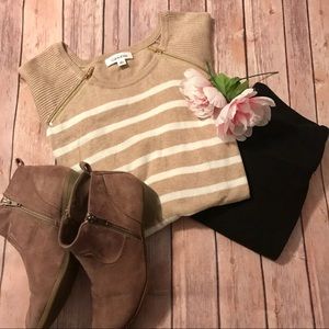 Tan and white striped tunic sweater gold zippers
