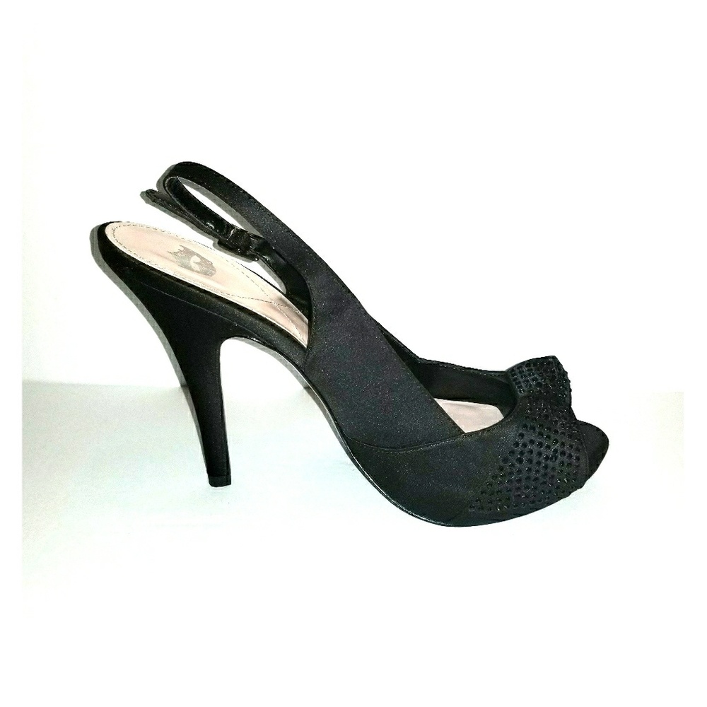 Black Satin & Sparkle Peep Toe, Slingback Pumps 9