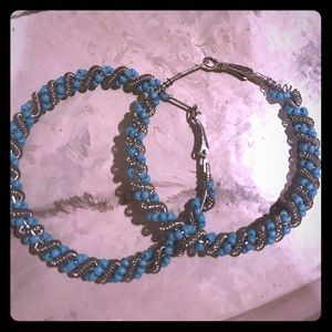 Turquoise and silver beaded hoops