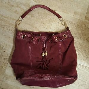 Purple suede bucket bag