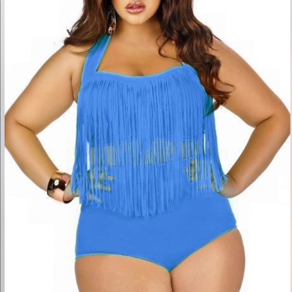 Sky Blue Highwaisted Fringe Bikini