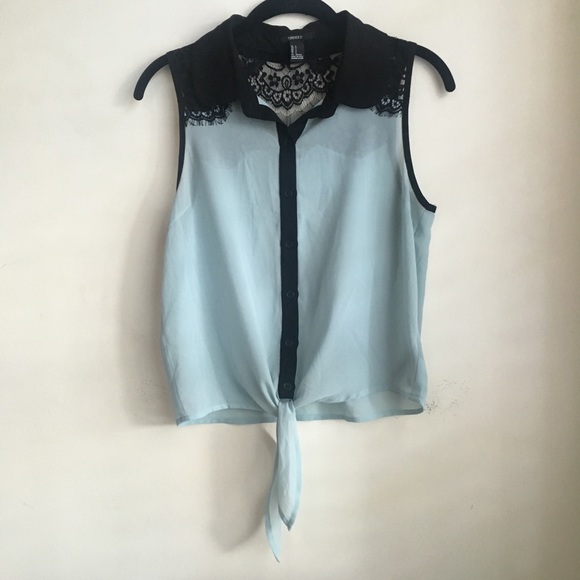 Forever 21 Front Tie Lace Button Down Blouse - Picture 1 of 4